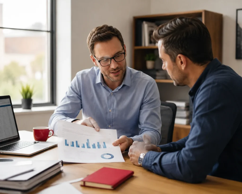 CPA walking a business owner through a tax planning summary at an office desk